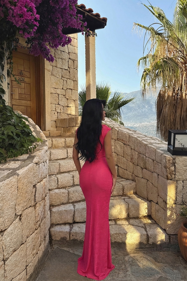 Fuşya Orleans Uzun Elbise ATE-3323 - 2