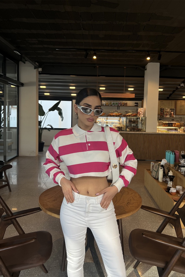 Fuşya Şerit Detay Crop Top -