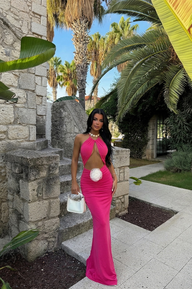 Fuşya Kalika Gül Detay Elbise ATE-1519 