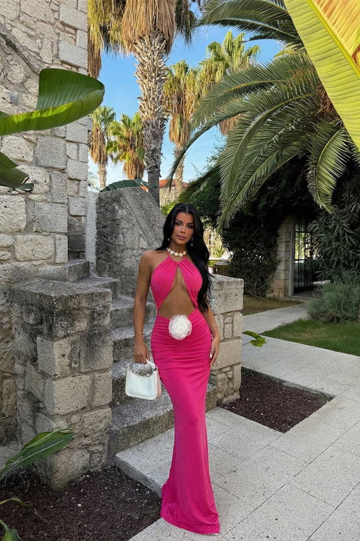 Fuşya Kalika Gül Detay Elbise ATE-1519 - EYYO