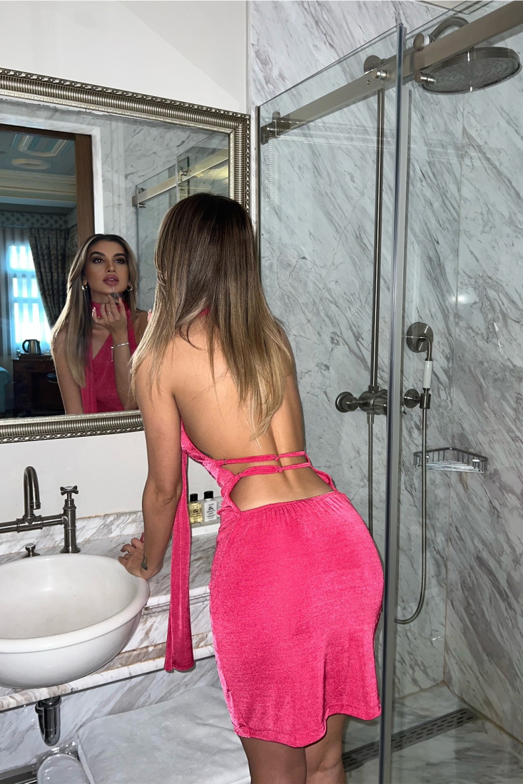 Fuşya Sırt Detay Mini Elbise ATE3759 - EYYO