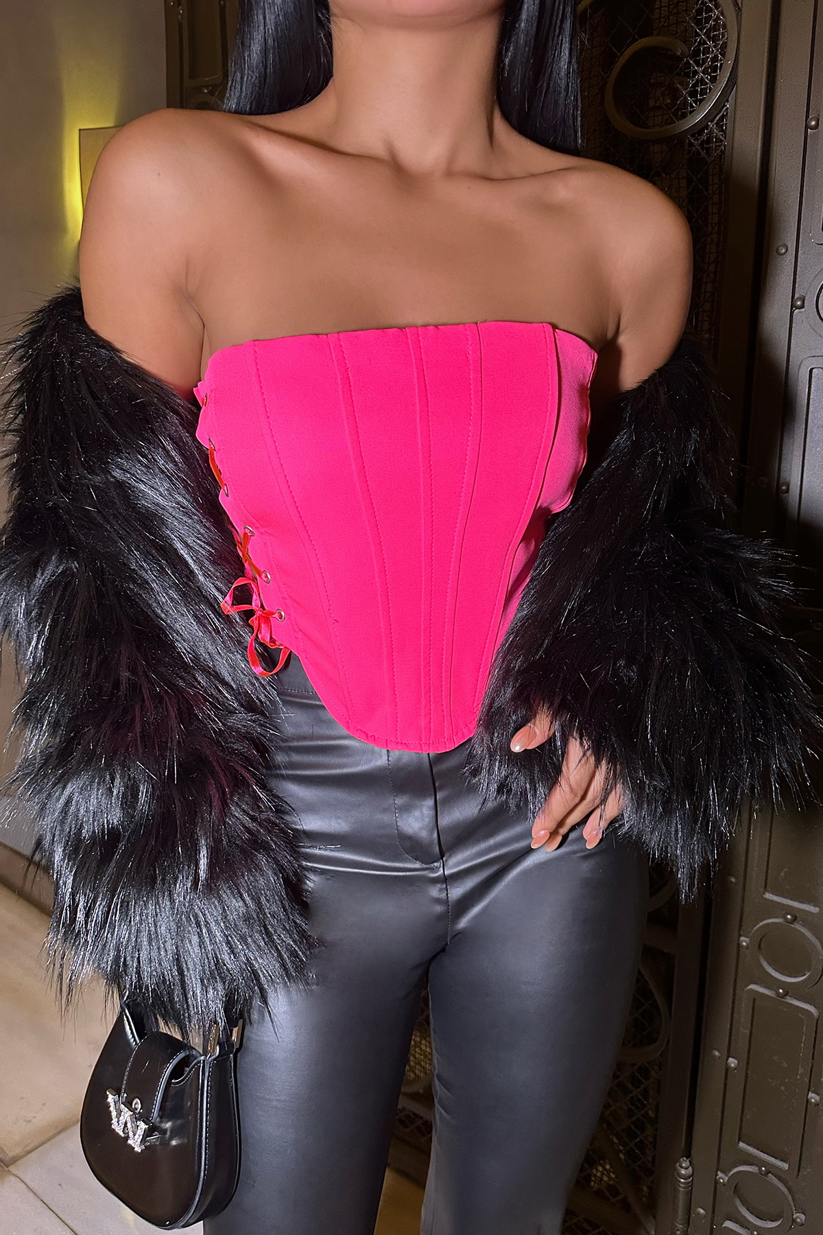 Fuşya Straplez Bağlamalı Crop Top - 2