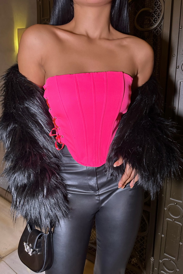 Fuşya Straplez Bağlamalı Crop Top