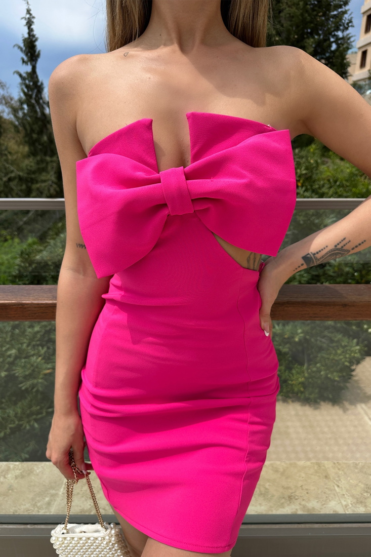 Fuşya Straplez Mini Elbise ATE6567 - EYYO