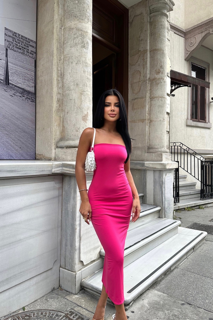 Fuşya Straplez Uzun Elbise ATE8003 - EYYO
