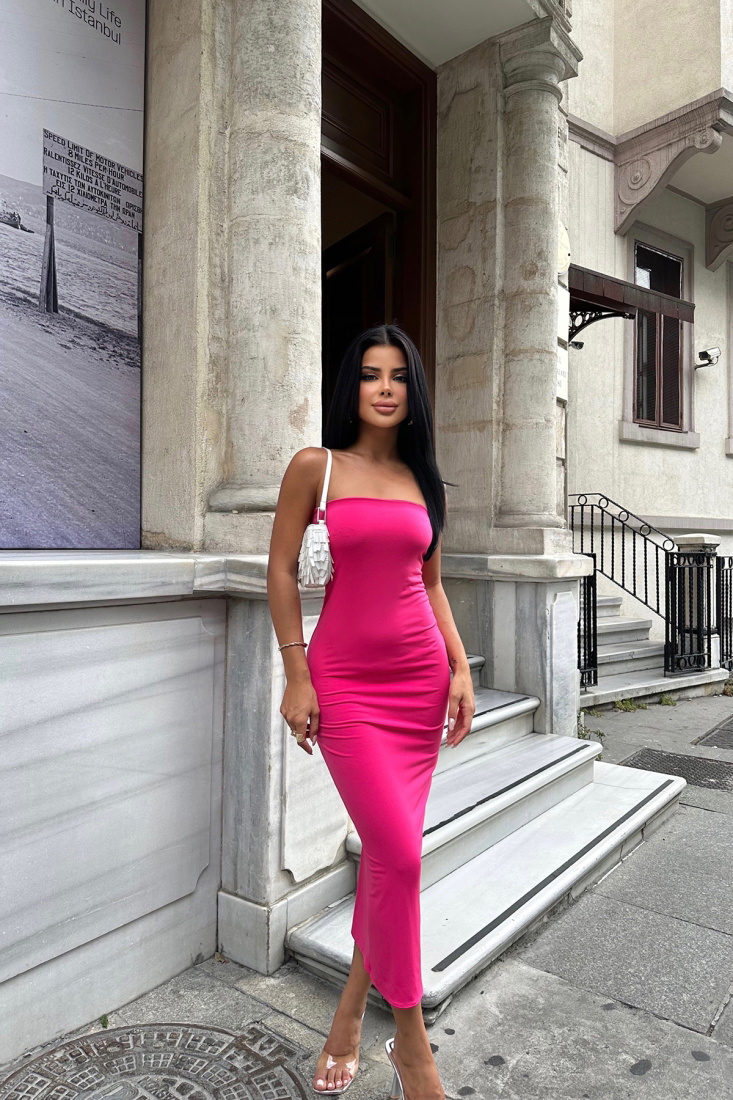 Fuşya Straplez Uzun Elbise ATE8003 - EYYO