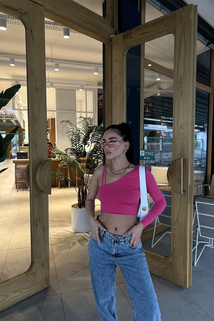 Fuşya Tek Kol Crop Top ATE2983 - EYYO