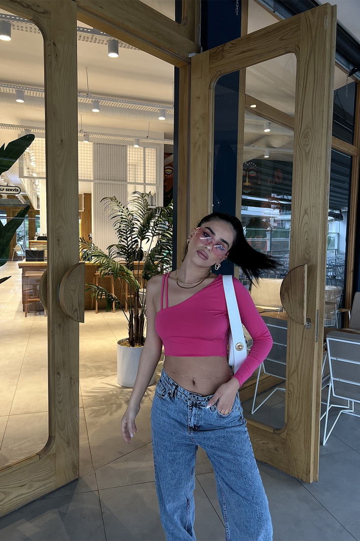 Fuşya Tek Kol Crop Top ATE2983 - EYYO