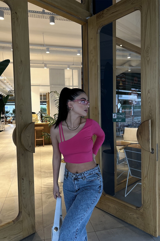 Fuşya Tek Kol Crop Top ATE2983 - 5