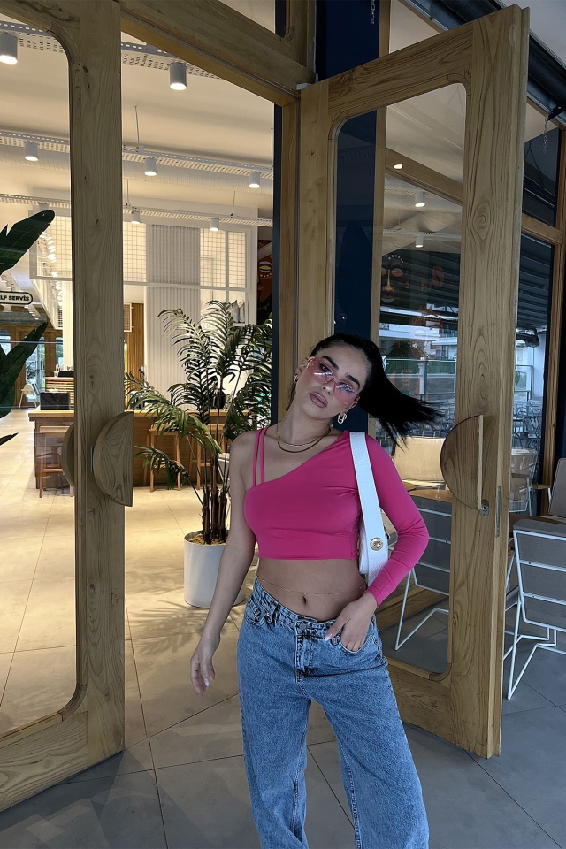 Fuşya Tek Kol Crop Top ATE2983 -