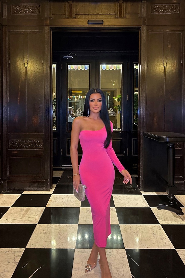 Fuşya Tek Kol Elbise ATE8478 - EYYO