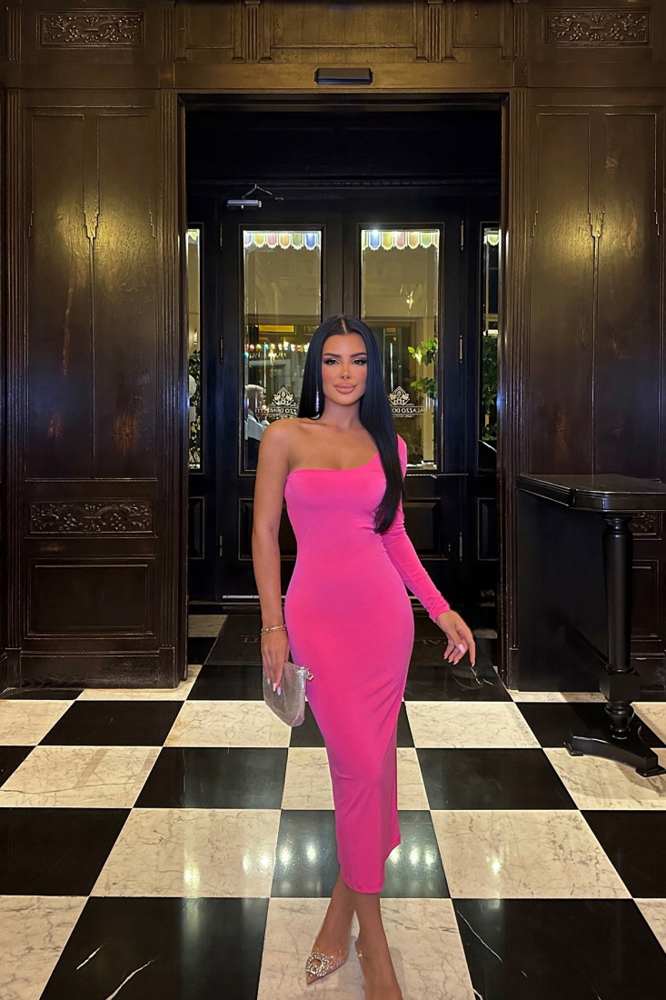 Fuşya Tek Kol Elbise ATE8478 - EYYO