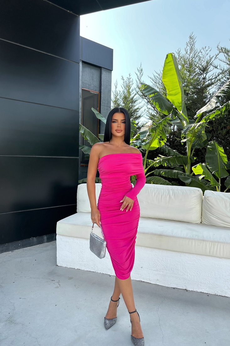 Fuşya Tek Kol Midi Elbise ATE8441 - EYYO