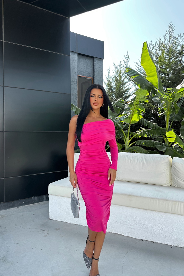 Fuşya Tek Kol Midi Elbise ATE8441 - EYYO