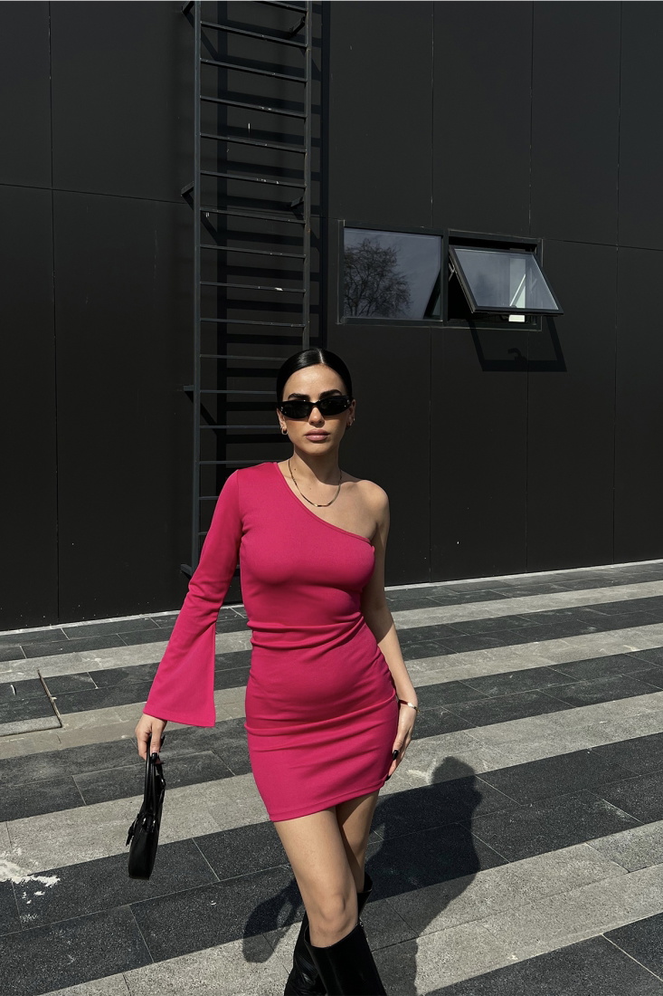 Fuşya Tek Kol Mini Elbise ATE4704 - EYYO