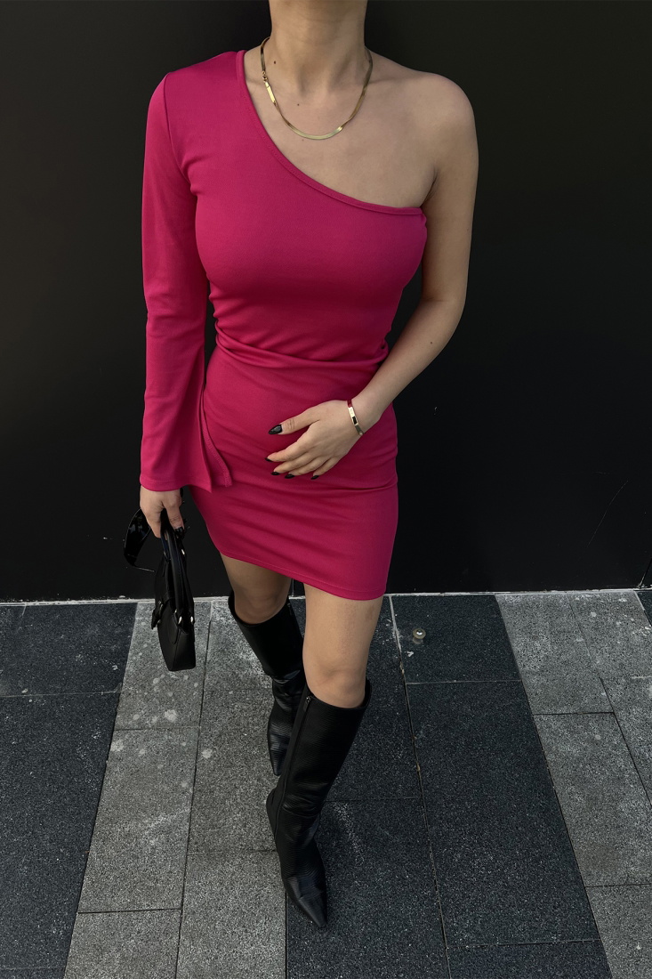 Fuşya Tek Kol Mini Elbise ATE4704 - EYYO