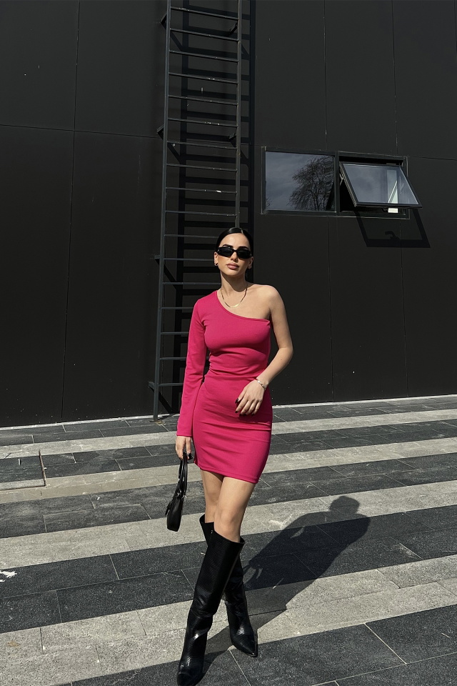 Fuşya Tek Kol Mini Elbise ATE4704 - 4