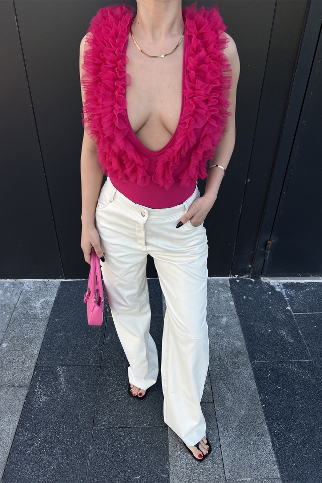 Fuşya Tül Detay Bodysuit ATE4693 - 2