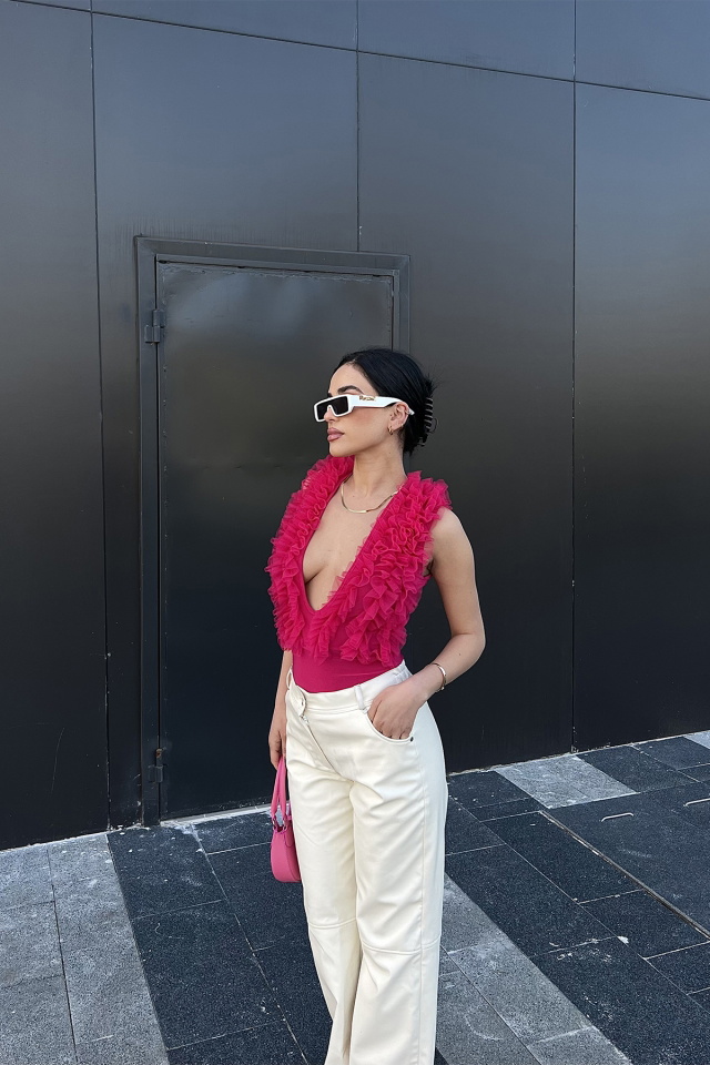 Fuşya Tül Detay Bodysuit ATE4693 - 3