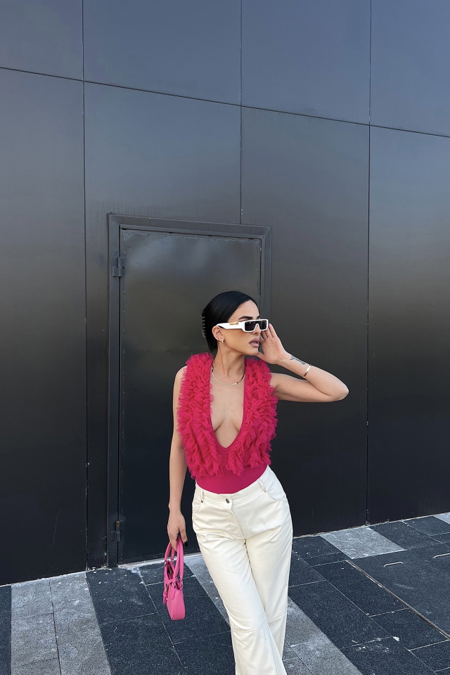 Fuşya Tül Detay Bodysuit ATE4693 - 5