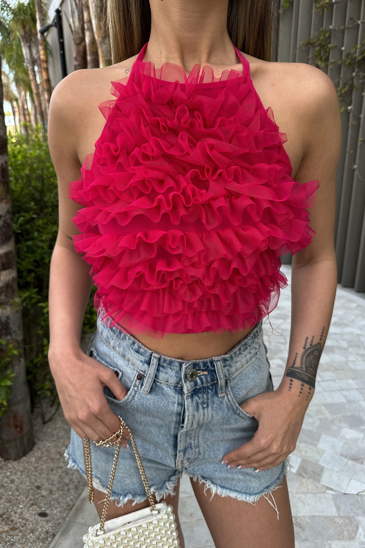 Fuşya Tül Detay Crop Top ATE6211 - EYYO