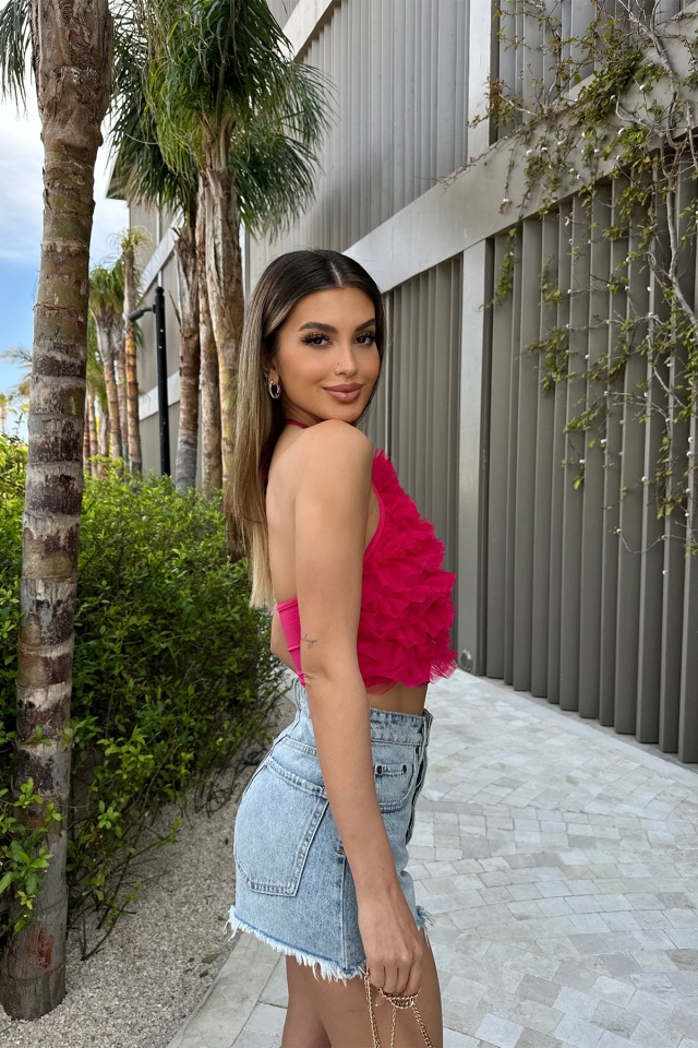Fuşya Tül Detay Crop Top ATE6211 - 4