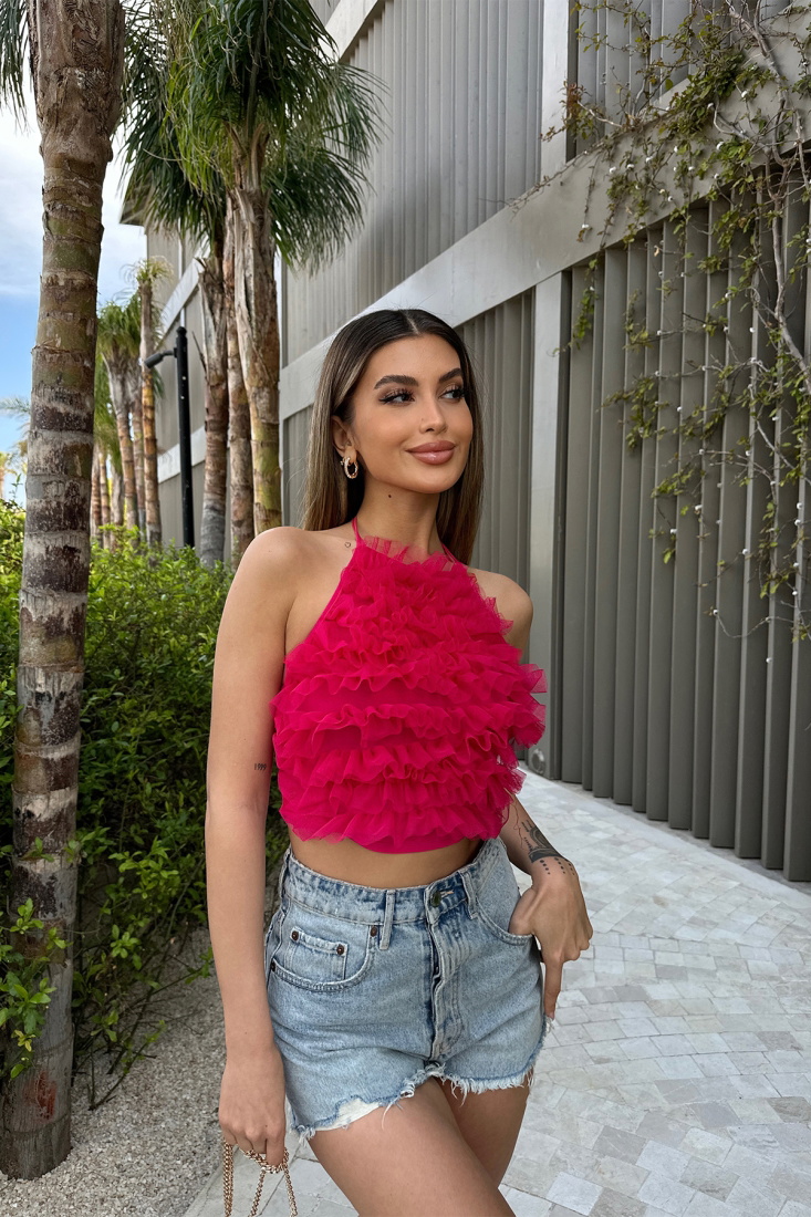 Fuşya Tül Detay Crop Top ATE6211 - EYYO