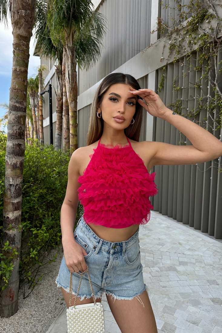 Fuşya Tül Detay Crop Top ATE6211 - EYYO