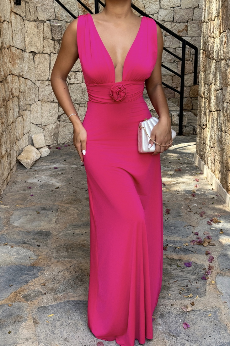 Fuşya Isole Gül Detaylı Elbise ATE-1432 - EYYO