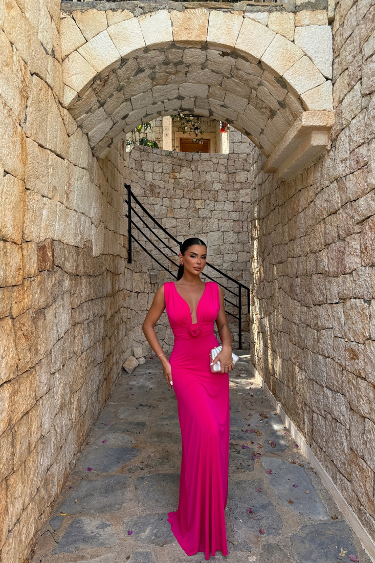 Fuşya Isole Gül Detaylı Elbise ATE-1432 - EYYO