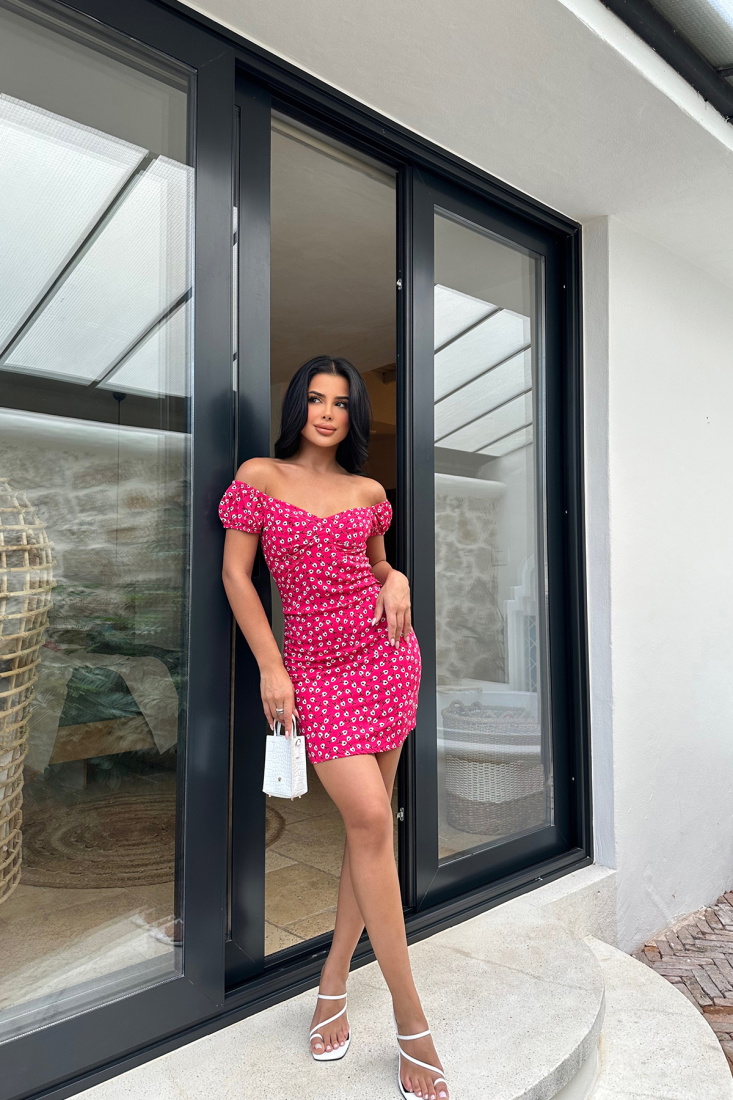 Fuşya Çiçek Desen Elbise ATE8228 - EYYO