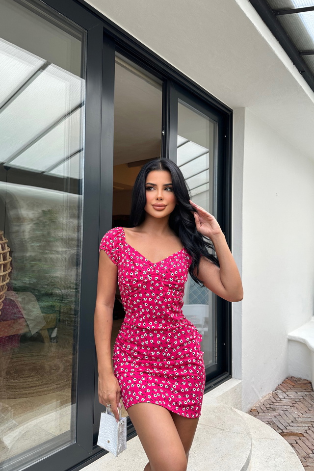 Fuşya Çiçek Desen Elbise ATE8228 