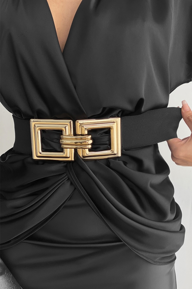 Gold Kare Detay Lastik Siyah Kemer KMR25 - 