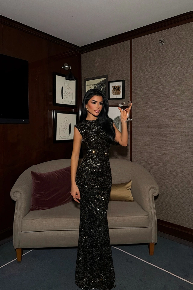 Gold Pul Lordana sırtı açık payetli uzun elbise ATE-4466 - 2