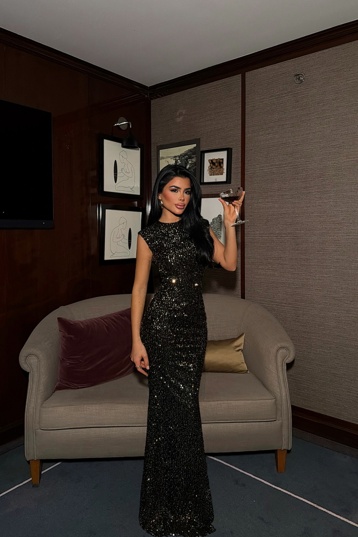 Gold Pul Lordana sırtı açık payetli uzun elbise ATE-4466 - EYYO