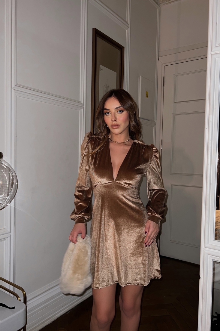 Gold V Yaka Mini Elbise ATE3031 - EYYO