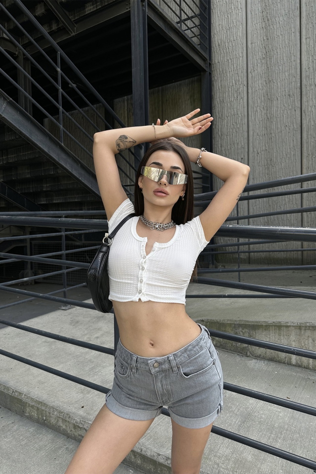 Gray High Waist Denim Shorts ATE7165 - 3