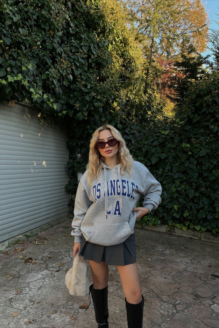 Gray Kangroo Pocket Printed Sweat ATE2446 - EYYO