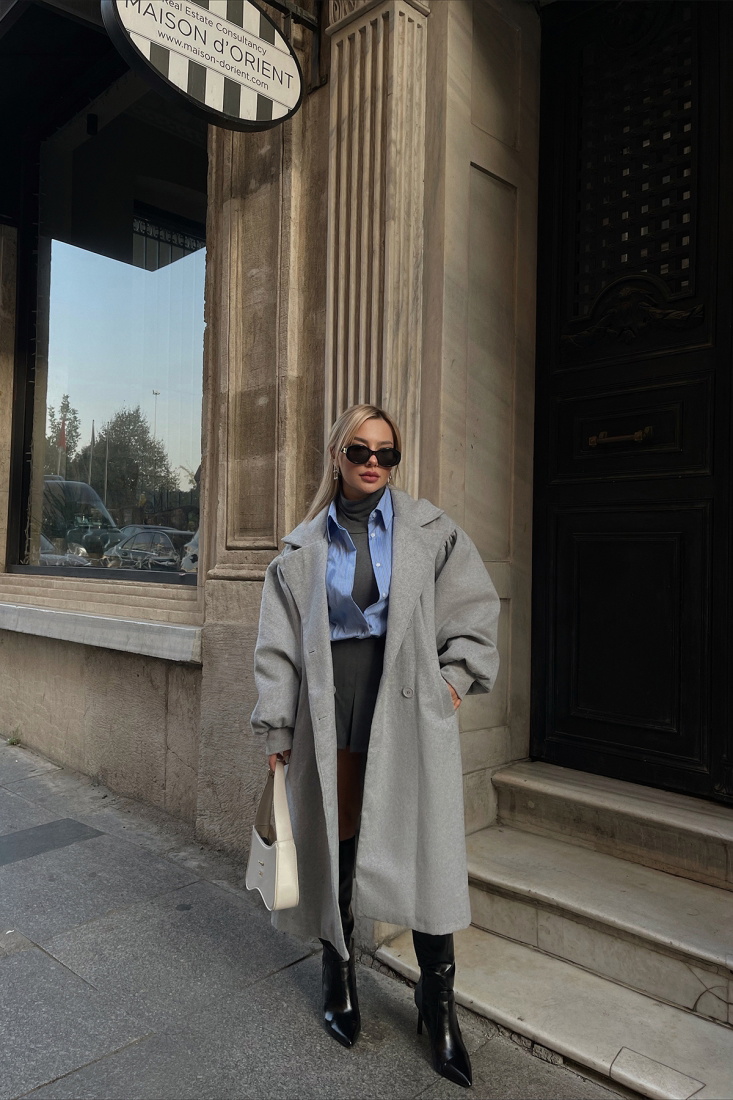 Gray Oversize Double Breasted Collar Coat ATE2367 - EYYO