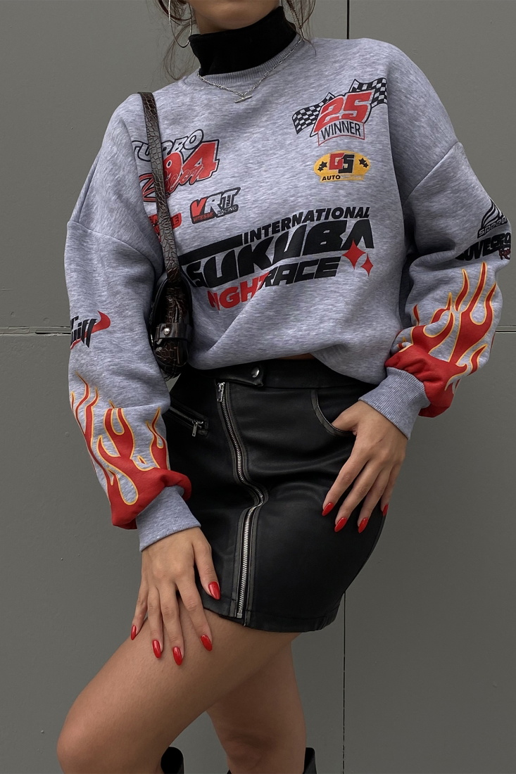 Gray Racing Printed Sweatshirt ATE2374 - EYYO
