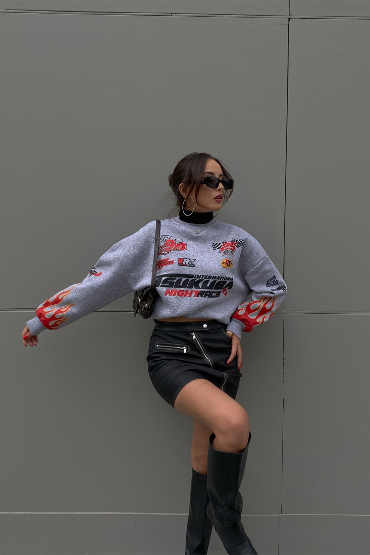 Gray Racing Printed Sweatshirt ATE2374 - EYYO