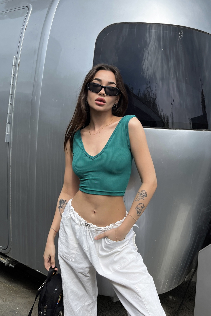 Green Basic Strapped Crop Top ATE6488 - EYYO