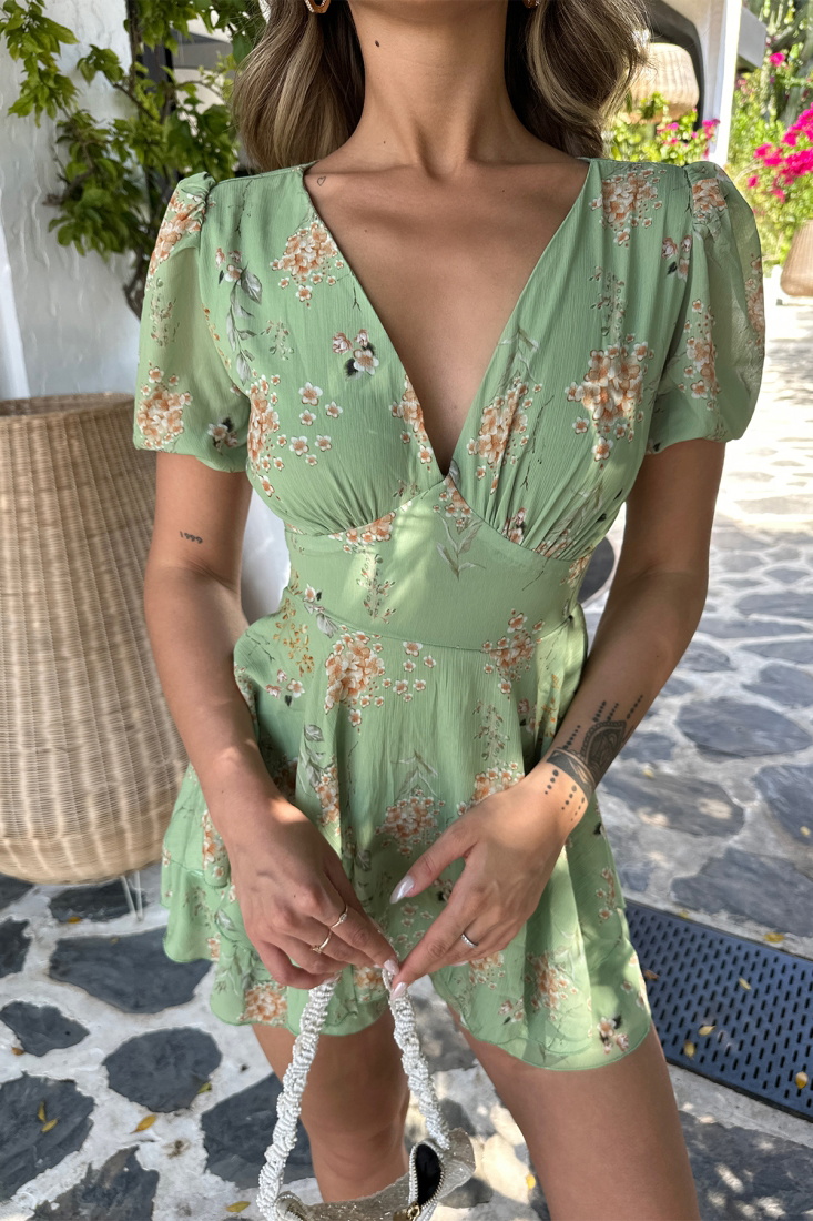 Green Flower Pattern V Collar Mini Dress ATE6989 - EYYO