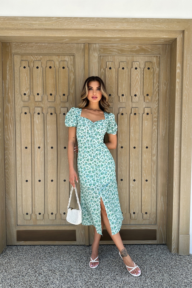 Green Hearth Collar Deep Slit Dress ATE7009 - EYYO