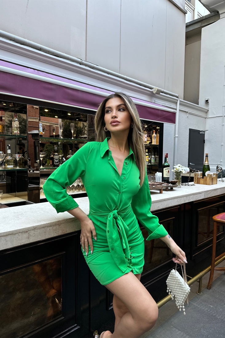 Green Shirt Collar Laced Mini Dress ATE5294 - EYYO