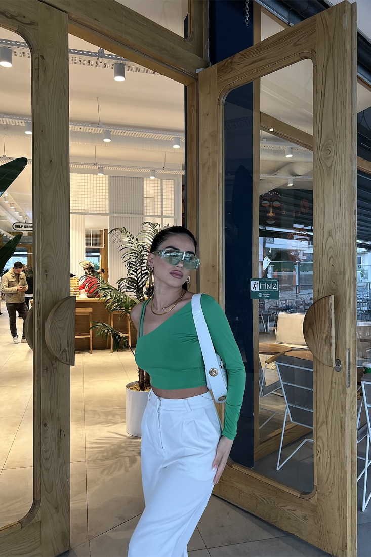 Green Single Sleeve Crop Top ATE3012 - EYYO