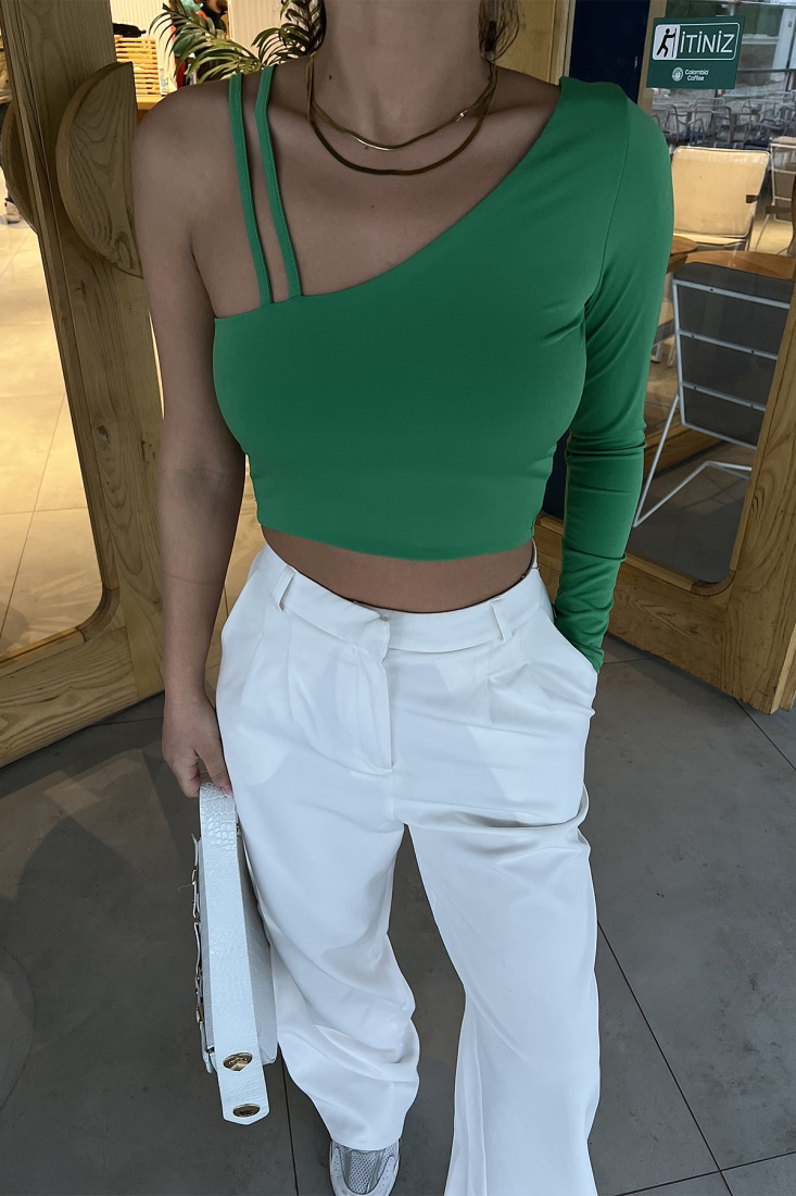 Green Single Sleeve Crop Top ATE3012 - EYYO