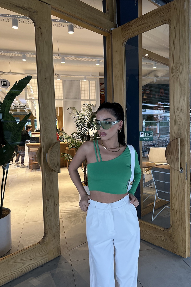 Green Single Sleeve Crop Top ATE3012 - EYYO