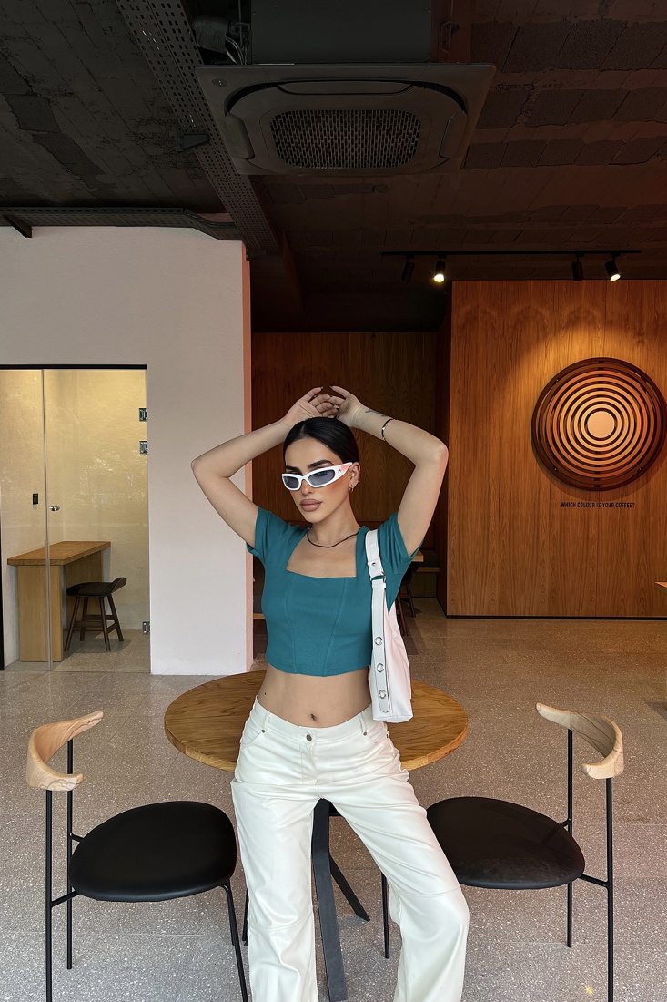 Green Square Collar Crop Top ATE4352 - EYYO