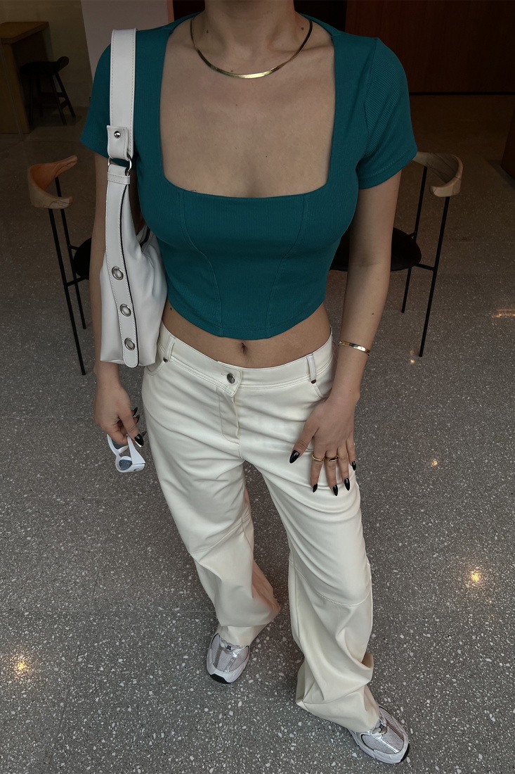 Green Square Collar Crop Top ATE4352 - EYYO